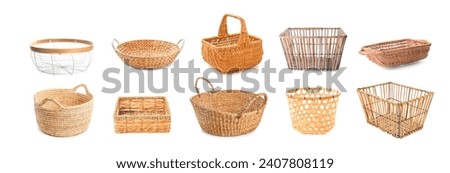 Set of many different wicker baskets isolated on white  