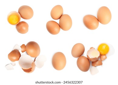 Set with many eggs and yolks on white background, top view - Powered by Shutterstock