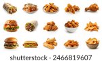 Set of many fast foods isolated on white background. junk food collection. bad and unhealthy foods menu. burrito, nachos, lasagna, burger, chicken popcorn, chicken tenders, shawarma, oily cuisines. 