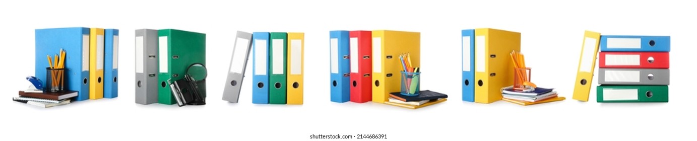 Set of many folders and stationery isolated on white