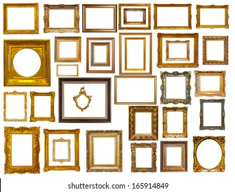 Set of many gold frames. Isolated over white background, may be used for photo or picture   