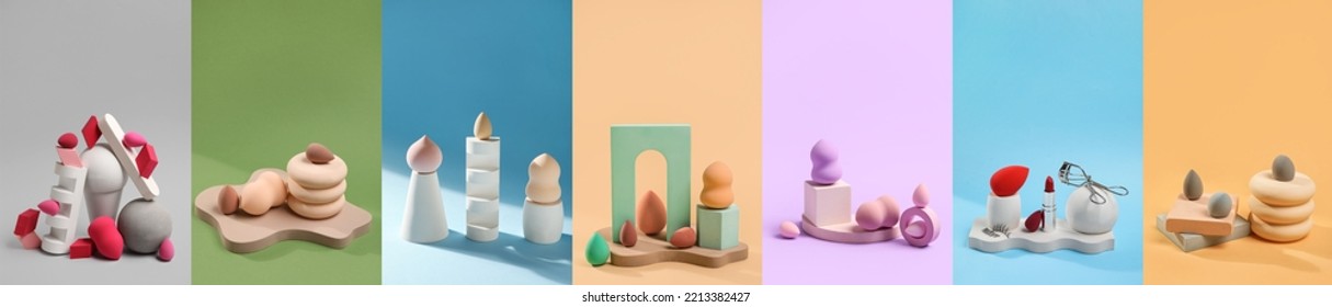 Set Of Many Makeup Sponges On Color Background