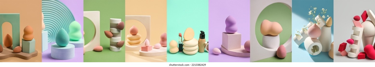 Set Of Many Makeup Sponges On Color Background