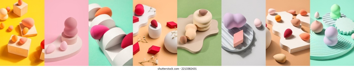 Set Of Many Makeup Sponges On Color Background