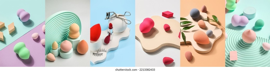 Set Of Many Makeup Sponges On Color Background