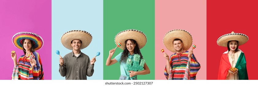 Set of many Mexican people on color background