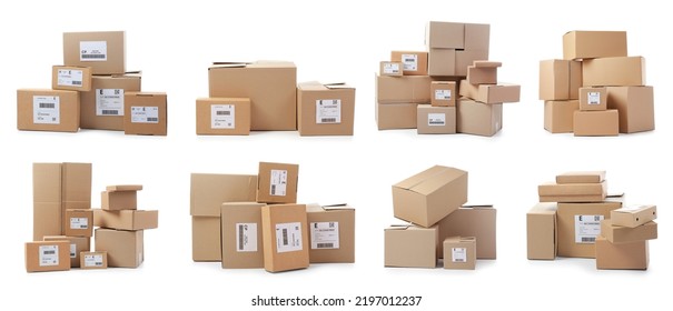 Set of many parcel boxes isolated on white