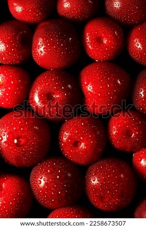 set of many red plums with drops of water