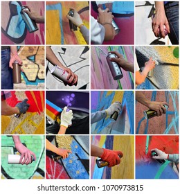 A set of many small images of hands with paint cans in the process of drawing graffiti. Street art abstract background collage