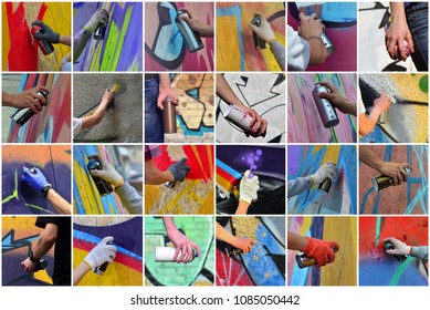 A set of many small images of hands with paint cans in the process of drawing graffiti. Street art abstract background collage