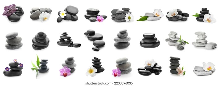 Set of many spa stones and beautiful flowers on white background - Powered by Shutterstock