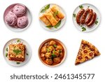 Set of many tasty and delicious foods, top view food plates collection. Grilled sausages, spring rolls, lasagna, strawberry ice cream, kofta, pepperoni pizza slice. Amazing fast food items, top view.