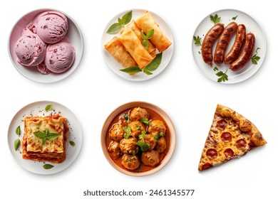 Set of many tasty and delicious foods, top view food plates collection. Grilled sausages, spring rolls, lasagna, strawberry ice cream, kofta, pepperoni pizza slice. Amazing fast food items, top view.