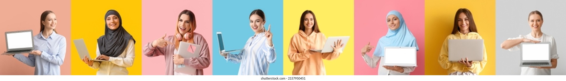Set of many women with laptops on colorful background - Shutterstock ID 2157950451