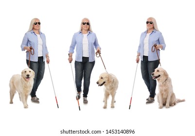 Set Of Mature Blind Woman With Long Cane And Dog On White Background