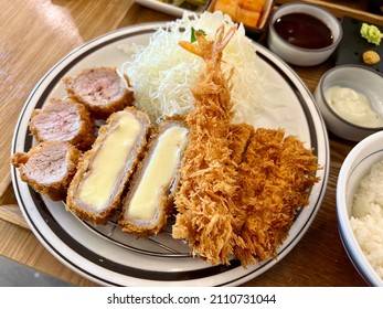 Set Meal With Pork Cutlet, Cheese Pork Cutlet And Shrimp Tempura