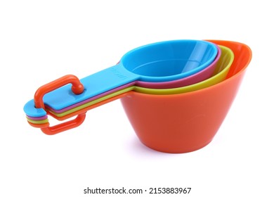 A set of measuring spoons made of colored plastic. Group of plastic measuring spoons , kitchen equipment.