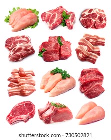 Set Of Meat Closeup On White Backgrounds.