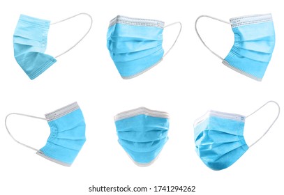 Set of medical face masks on white background. Virus protection