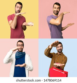 Set of men holding copyspace to insert an ad