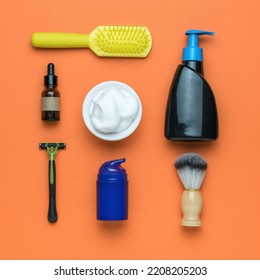 A Set For Men For Shaving And Washing. Minimal Concept Of Men's Cosmetics. Flat Lay.