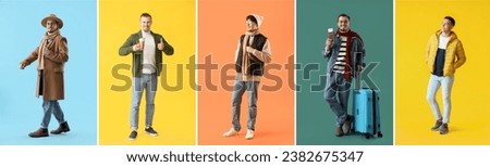 Set of men in winter clothes on colorful background