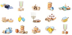 Set Of Menorahs With Donuts And Dreidels For Hanukkah Isolated On White