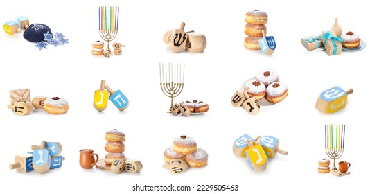 Conjunto de menorahas con donuts y dreidels para Hanukkah aislados en blanco