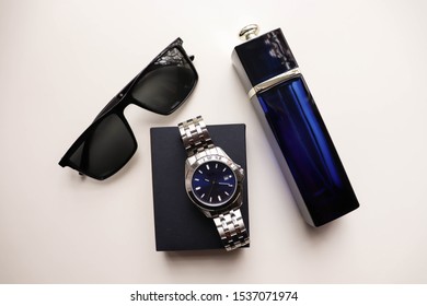 Set Of Men's Accessories. Men's Watches And Cologne