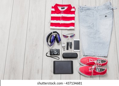 Set Of Mens Fashion, Accessories,colored Sneakers And Tech Gadgets From Above.