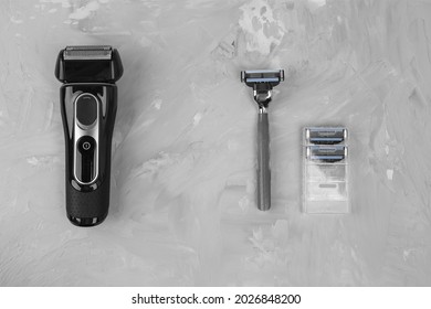 Set Of Men's Razors. Electric Shaver And Disposable Razor. Kit For Removing Body Hair.
