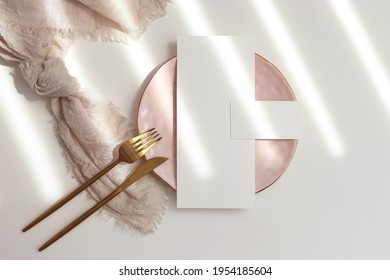 Set of menu and name cards mockup on pink plate