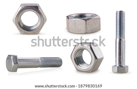 Set metal bolt and nut isolated on white background. Clipping Path. Full depth of field.