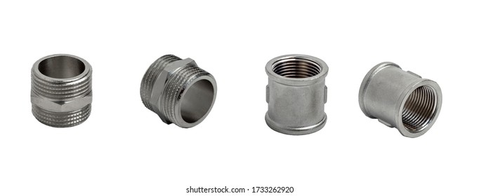 Set Of Metal Couplings And Nipples In Different Angles Isolated On White Background. Pipe Fittings.