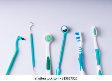 Set of metal Dentist's medical equipment tools, top view - Shutterstock ID 615827510