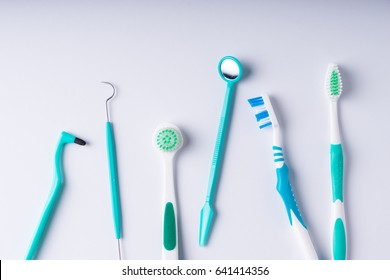 Set of metal Dentist's medical equipment tools, top view - Shutterstock ID 641414356