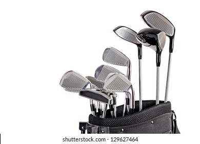 set of metal golf clubs in bag up close isolated on white background
