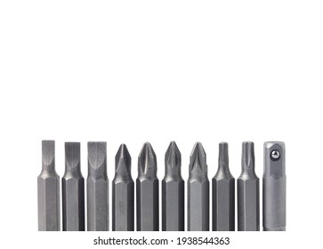 set metal head for small screwdrivers Several close-up types, a work tool for screw threads. The head can be removed, isolated on a white background.
