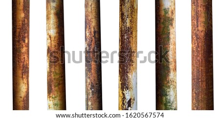 set of metal old pipes with rust isolated on white background