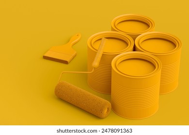 Set of metal and plastic buckets, paint roller and brush for painting walls on monochrome background. 3d render of renovation apartment concept and interior design