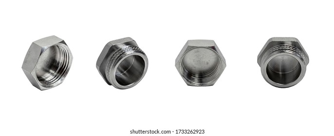 Set Of Metal Plugs (caps) In Different Angles Of Male Threaded And Female Threaded Isolated On White Background. Pipe Fittings.