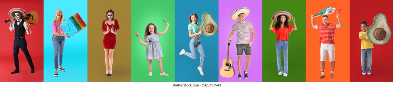 Set Of Mexican People On Color Background