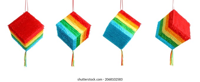 Set of Mexican pinata in shape of cube on white background