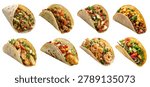 Set of Mexican soft hard shell tacos tortilla, with different ingredients fish vegan beef cheese chicken seafood, isolated cutout. Mockup