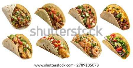 Set of Mexican soft hard shell tacos tortilla, with different ingredients fish vegan beef cheese chicken seafood, isolated cutout. Mockup