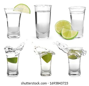 Set Of Mexican Tequila Shots On White Background