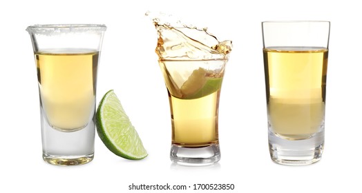 Set Of Mexican Tequila Shots On White Background