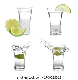 Set Of Mexican Tequila Shots On White Background