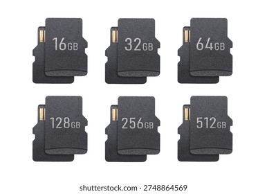 Set of micro SD cards with various storage capacities isolated on white background technology and memory concept