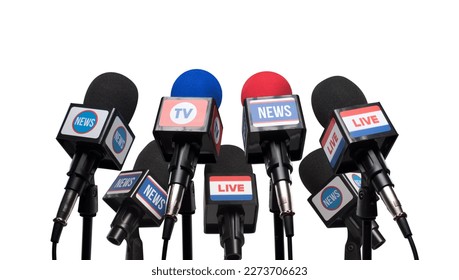 Set of microphones ready for the press conference, communication and media concept - Shutterstock ID 2273706623